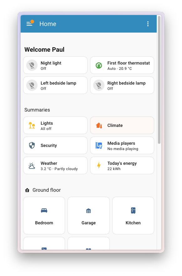 Home Assistant phone app showing favourites, summaries and rooms on one screen