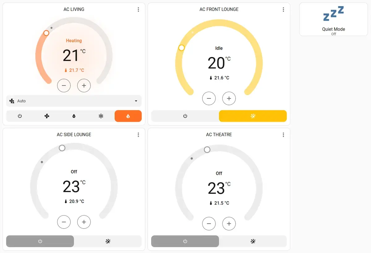 Home Assistant dashboard with four air-conditioning zones, each showing target and current temperature